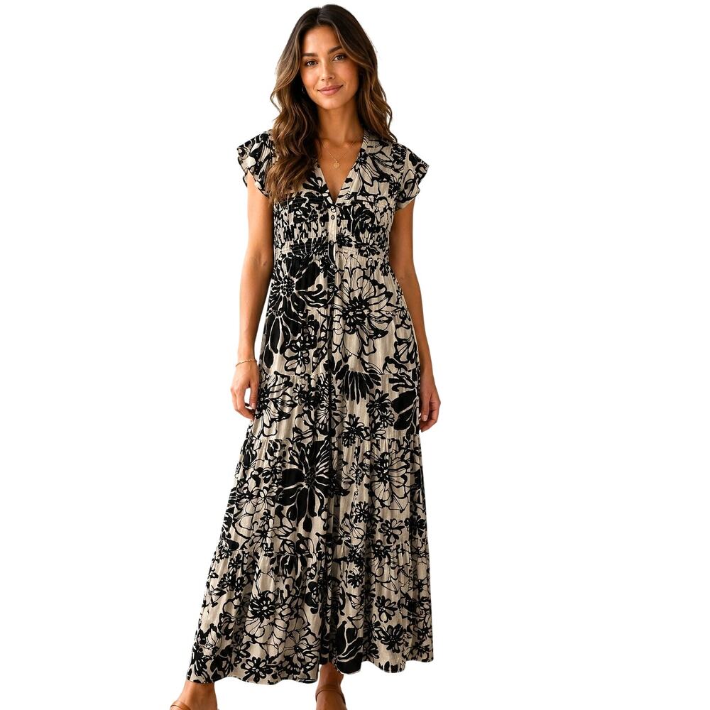 Sundance June Rose Maxi Dress Womens Small Black & White Ruffled Smocked Tiered